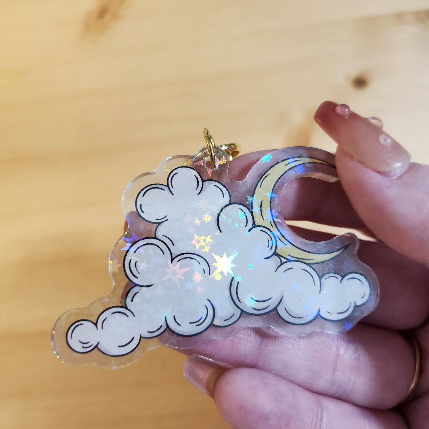 Cloudy Moon Celestial Holographic Keychain