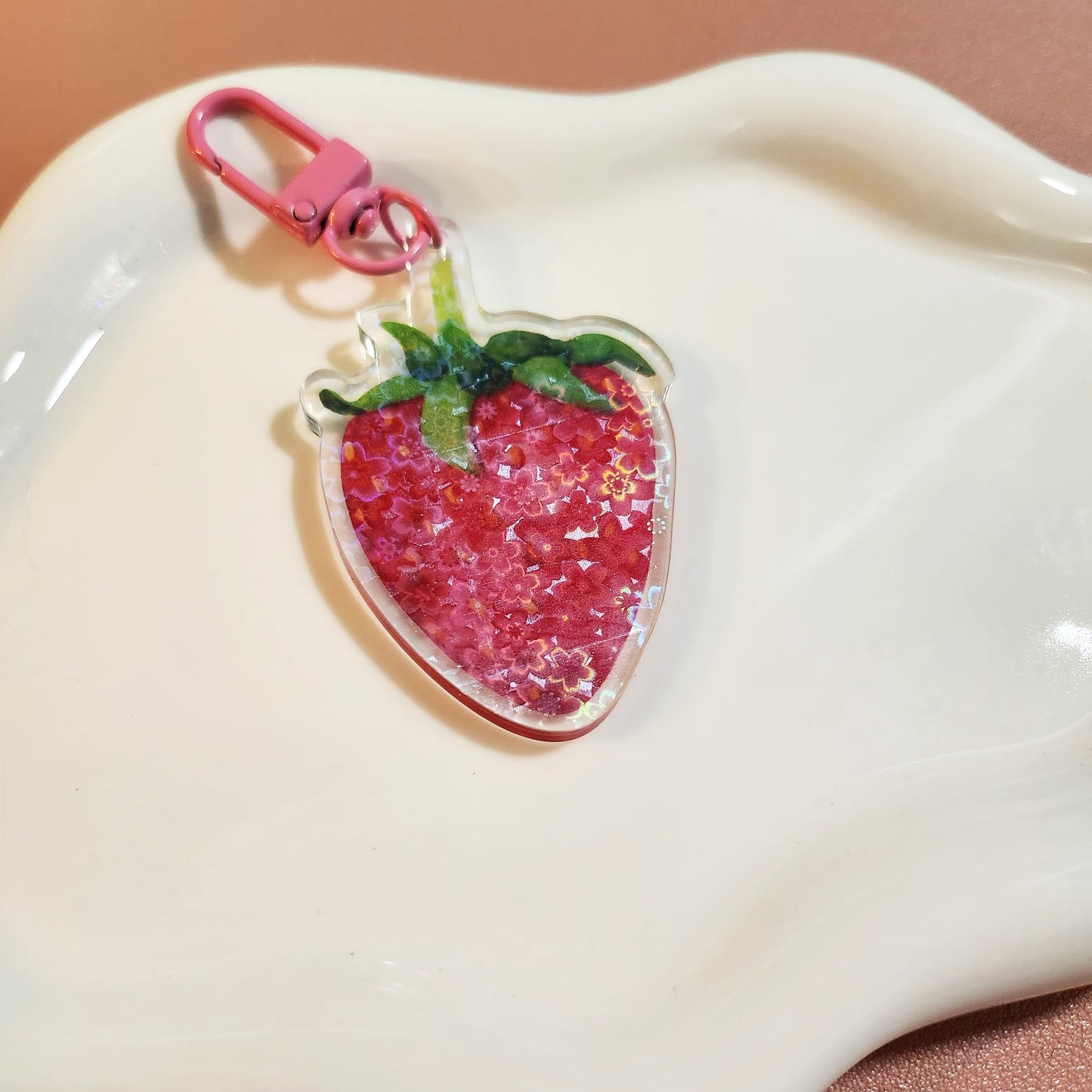 Hand Painted Gouache Strawberry Holographic Keychain
