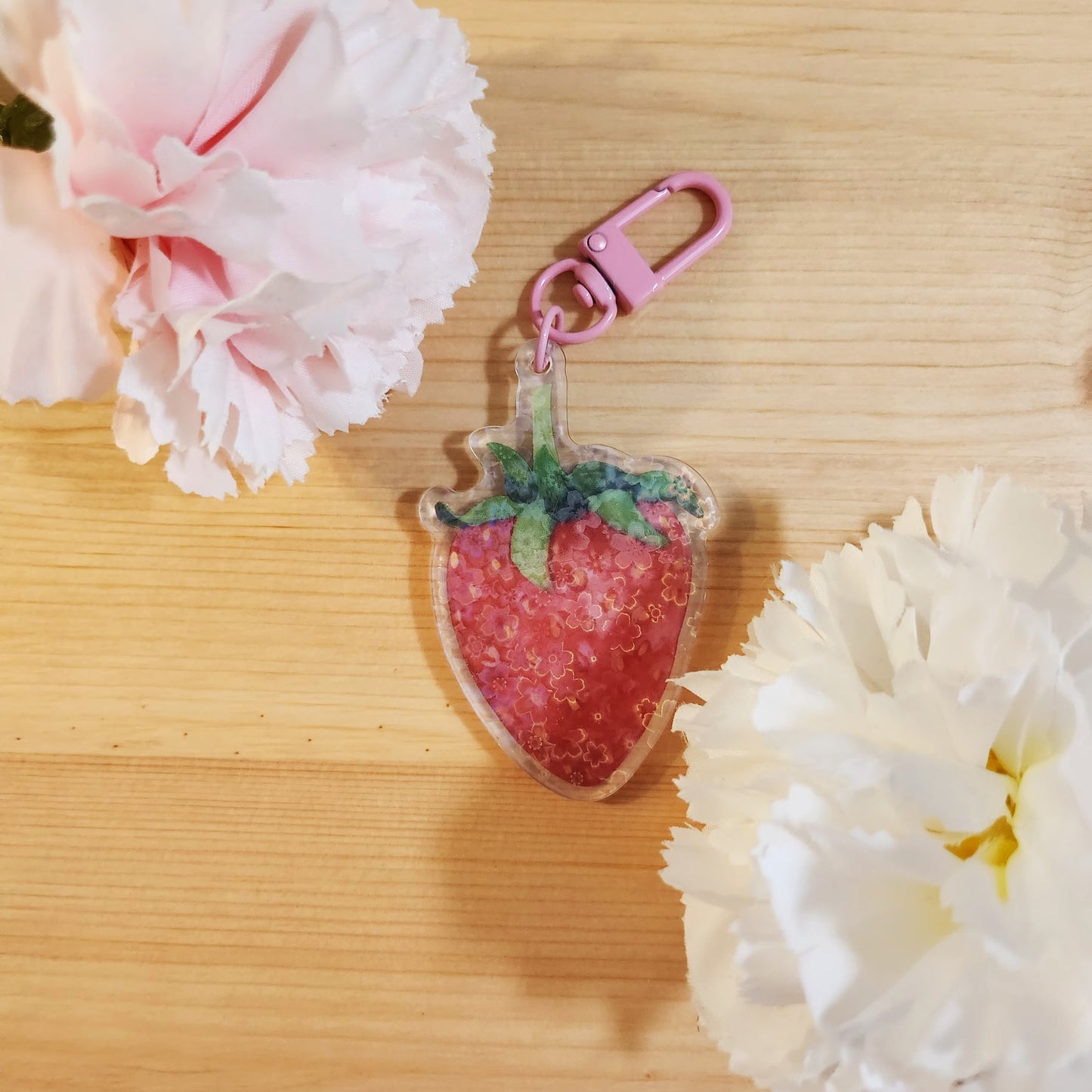 Hand Painted Gouache Strawberry Holographic Keychain