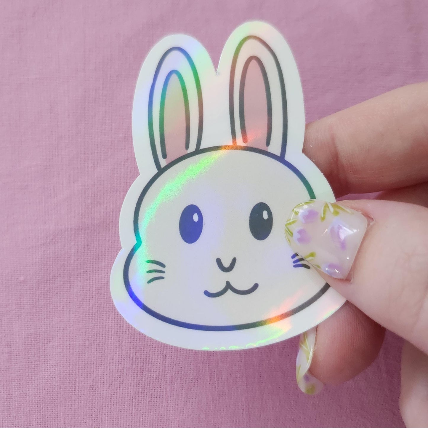 Cute White Bunny - Hand Drawn Holographic Vinyl Sticker