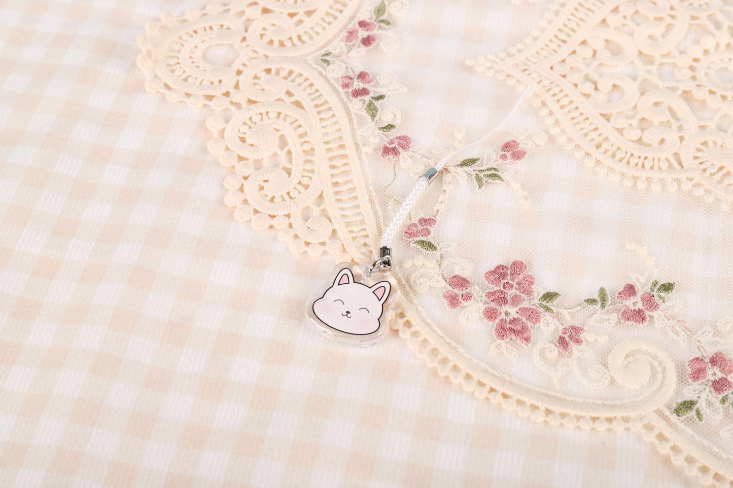 White Cartoon Marshmallow Cat Phone Charm Mini Keychain