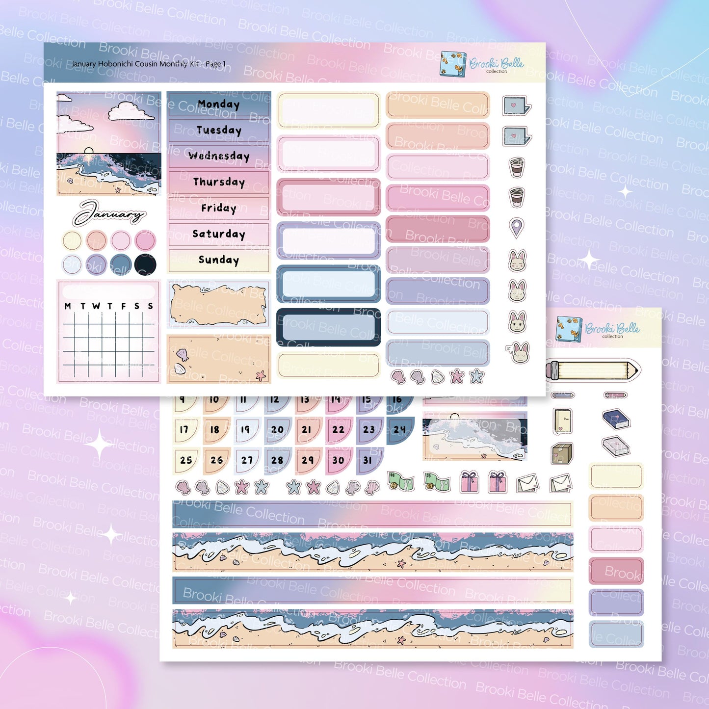 Relaxing Beach Sunset - January Hobonichi Cousin Monthly Kit Planner Sticker Kit
